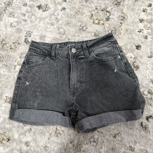 High-Rise Black Washed Denim Roll-Hem Shorts